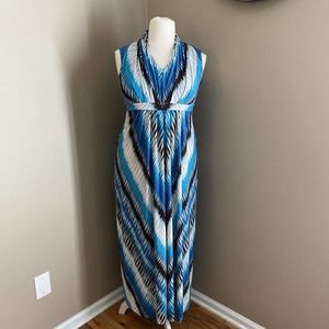 CHICO'S Blue Brown MULTI Chevron Sleeveless Maxi Dress woman’s Size Large